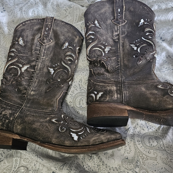 Roper 10.5 Metallic Underlay Boots EUC Tan Silver Cowgirl Like New - Picture 8 of 12